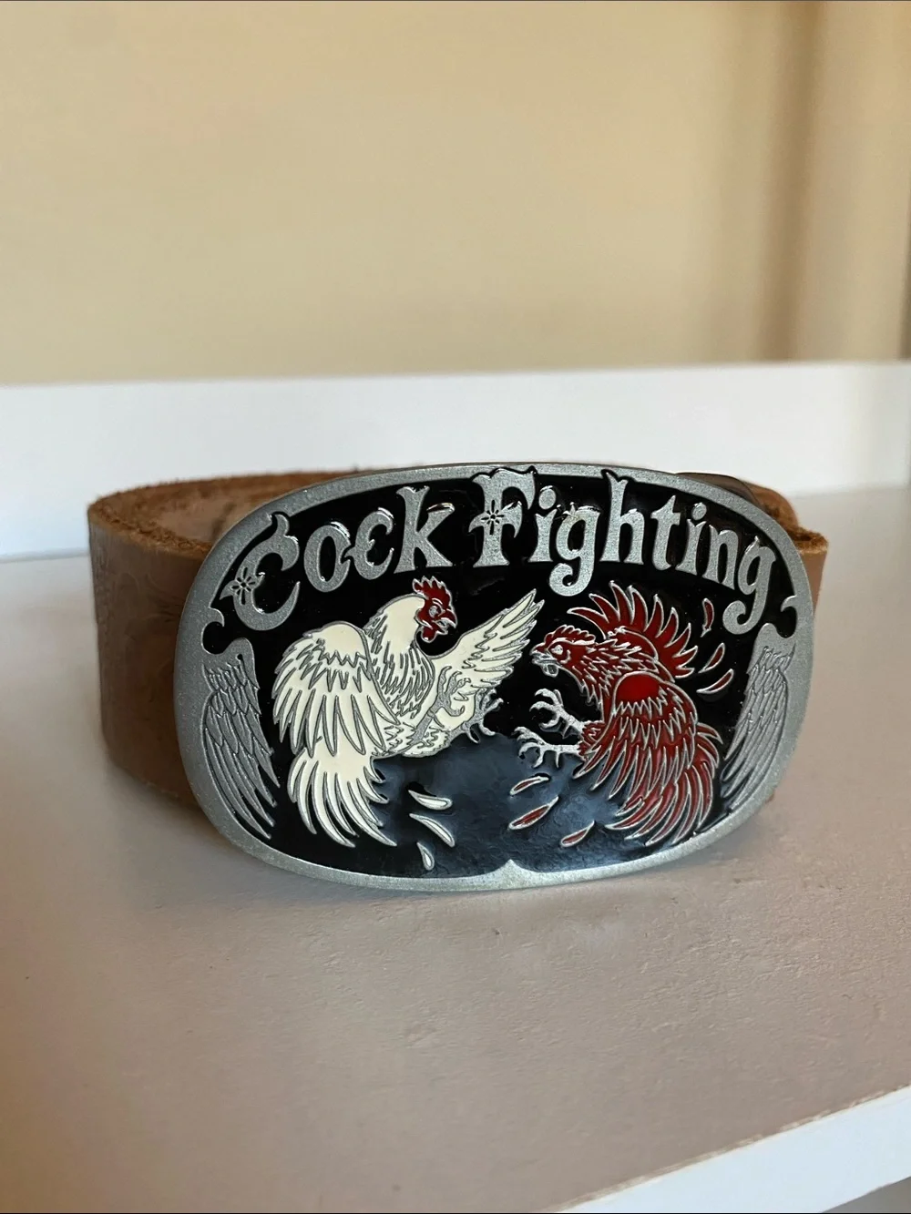 Genuine Leather Floral Embossed Belt with Removable Rooster Belt Buckle